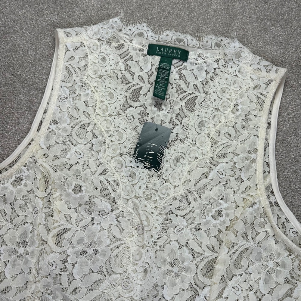 Lauren Ralph Lauren Womens Lg Lace‎ Top Cream Button Front Eyelash Trim Romantic